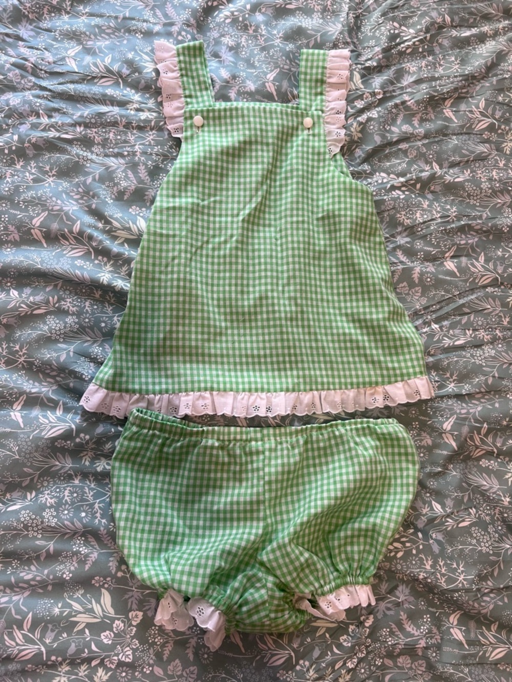 Vintage Handmade Infant Girl Gingham Pinafore Top & Bloomers Set Green White